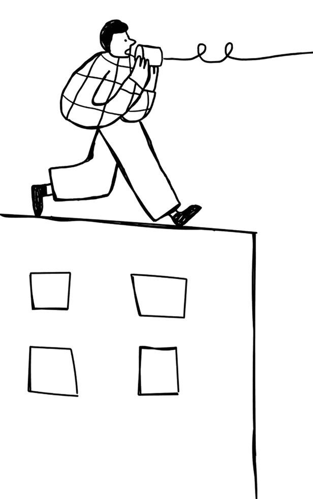 Men on the left speaking on the with cup telephone